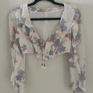 Floral Ruffle Crop Top - White and Blue